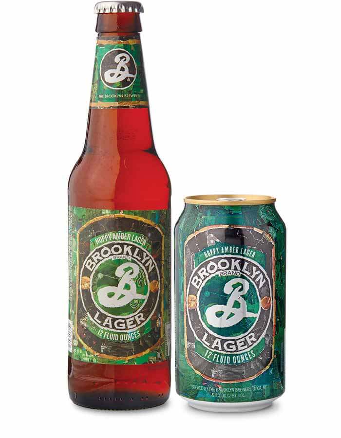 A bottle and can of Brooklyn Lager