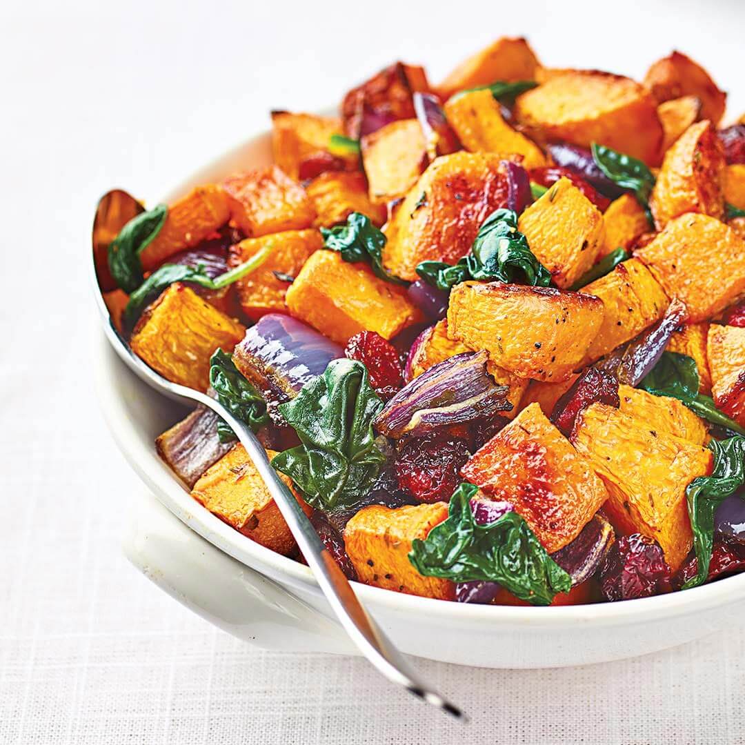 Roasted Butternut Squash with Baby Spinach & Cranberries Recipe