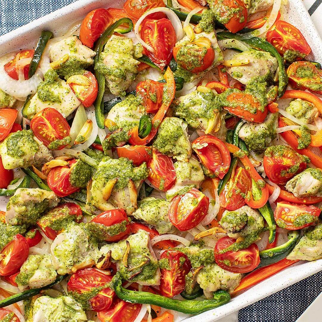 Sheet Pan Chicken Thighs with Pesto & Peppers