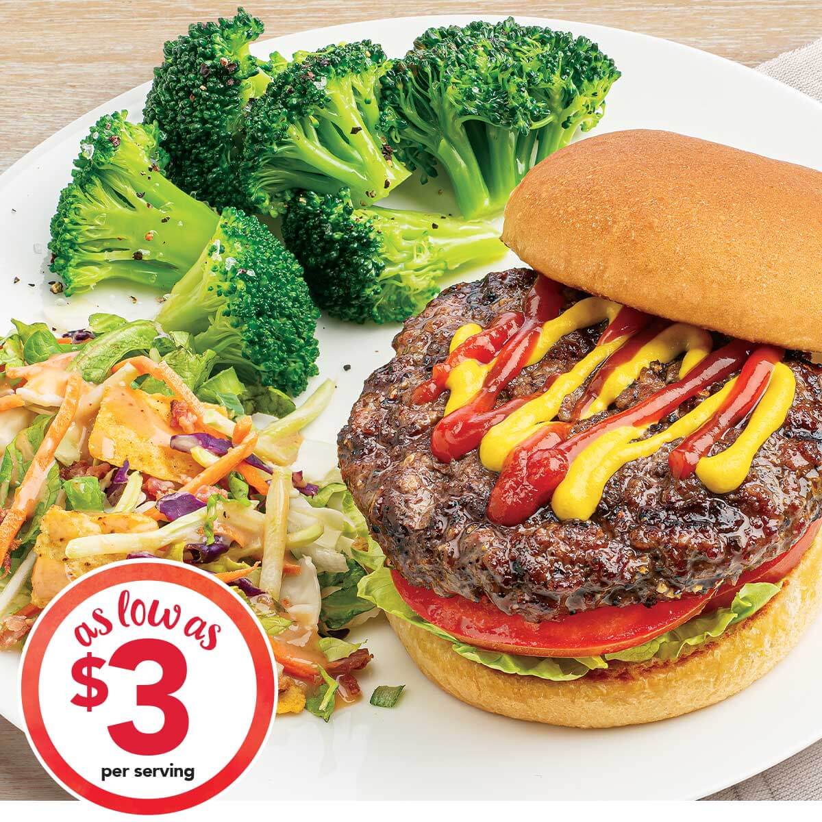 Burger with Chopped Salad and Broccoli as low as $3.00 per serving