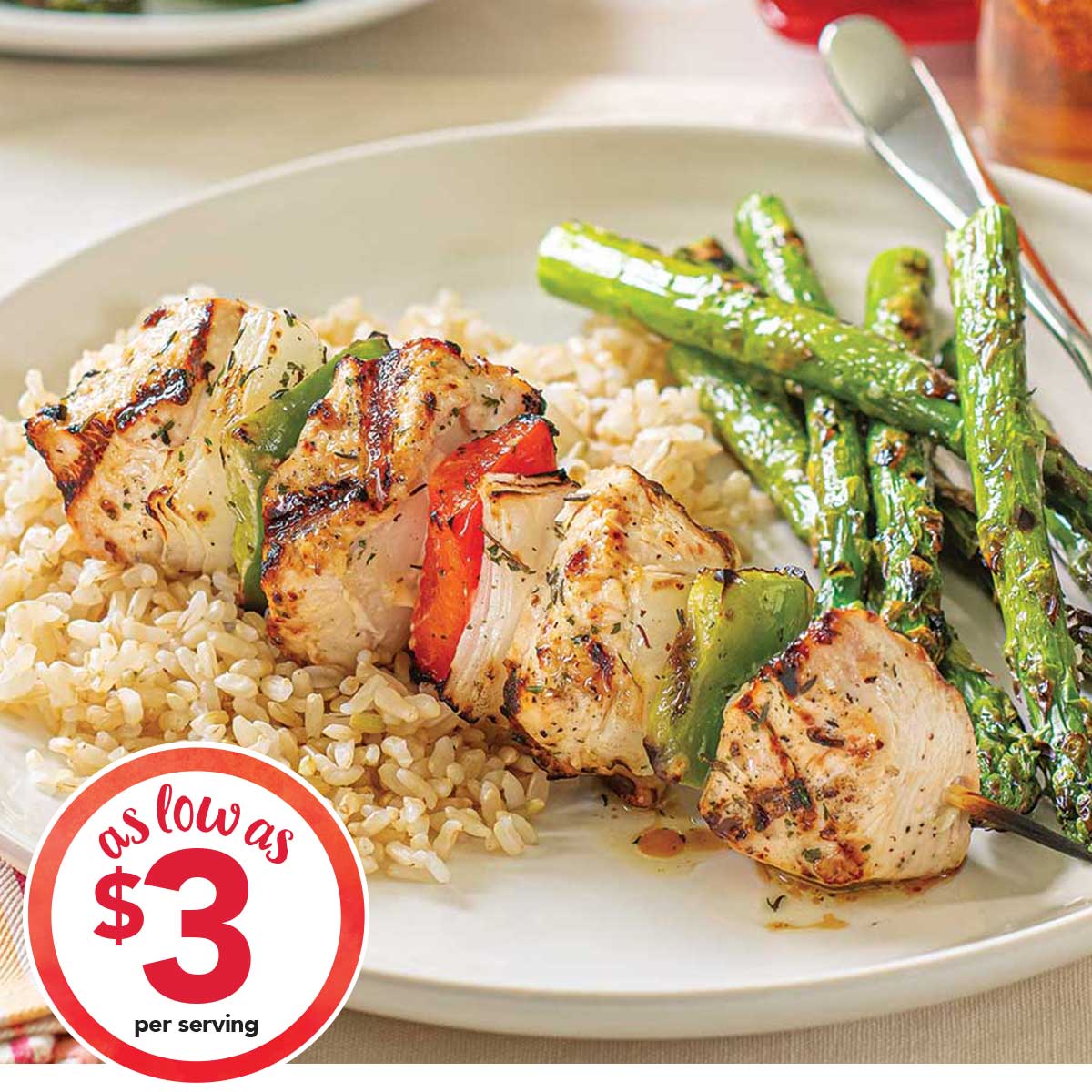 Chicken Kabobs with Brown Rice as low as $3.00 per serving