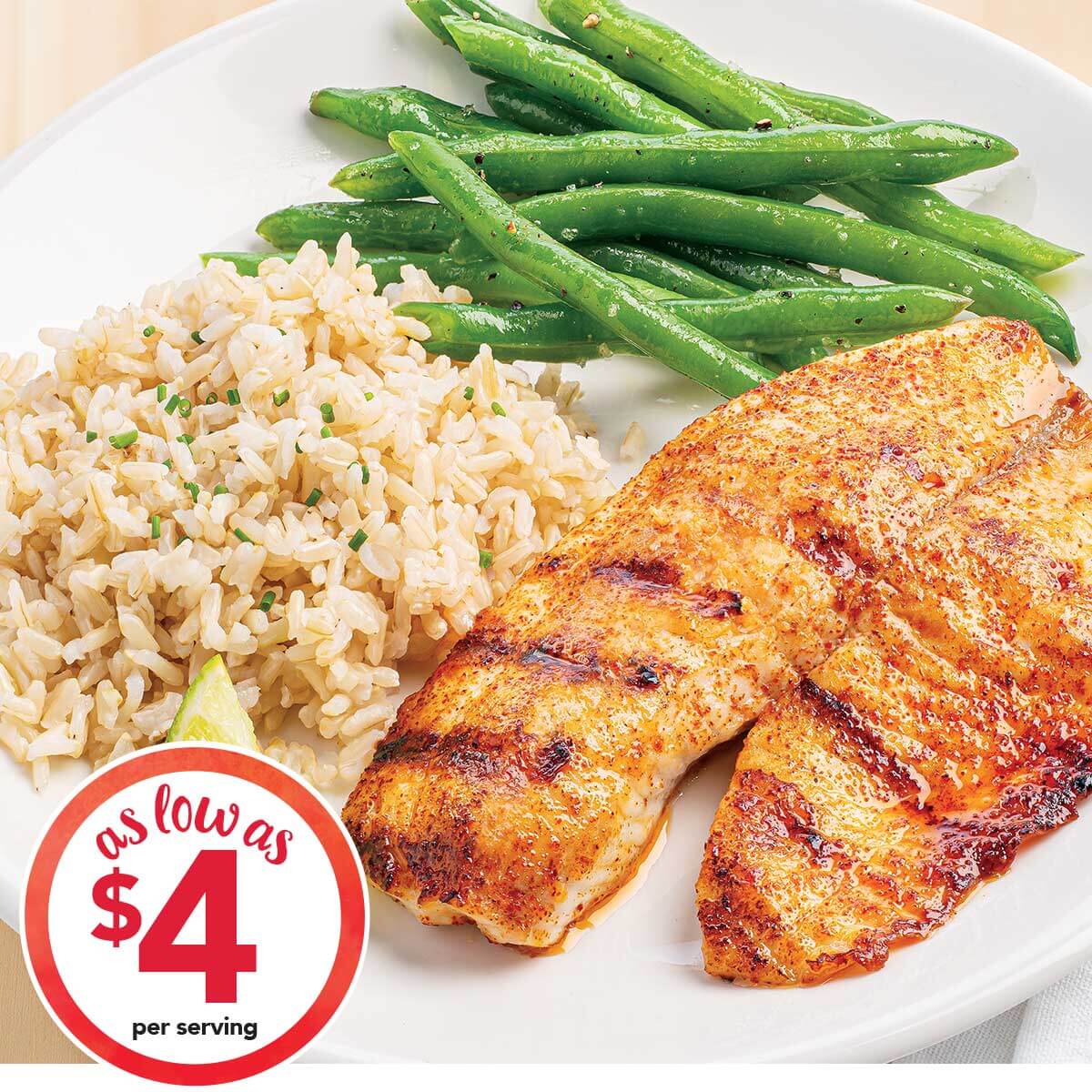 Grilled Chili Lime Tilapia with Green Beans & Brown Rice as low as $4.00 per serving