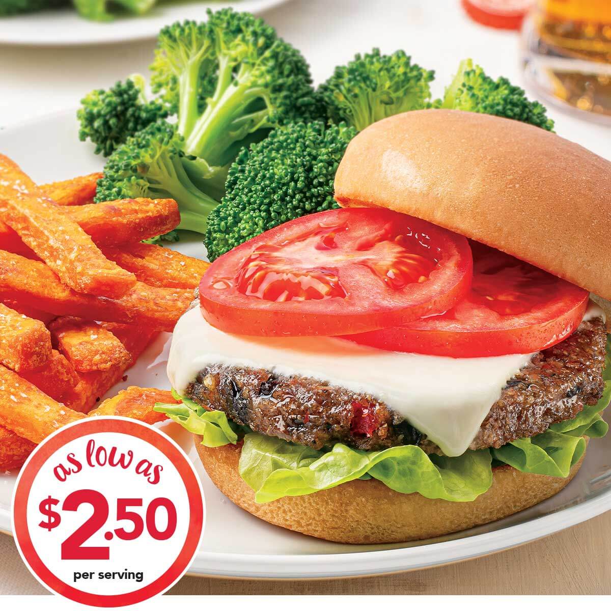 Veggie Burgers with Sweet Potato Fries and Broccoli as low as $2.50 per serving