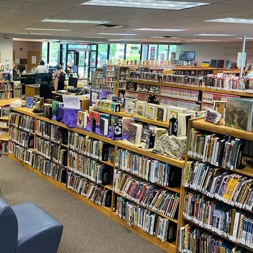 Library display of books on shelves