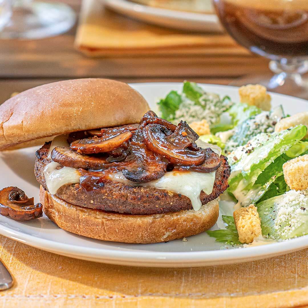 Mushroom Veggie Burger with Sauteed Mushrooms & Amore Caesar Salad
