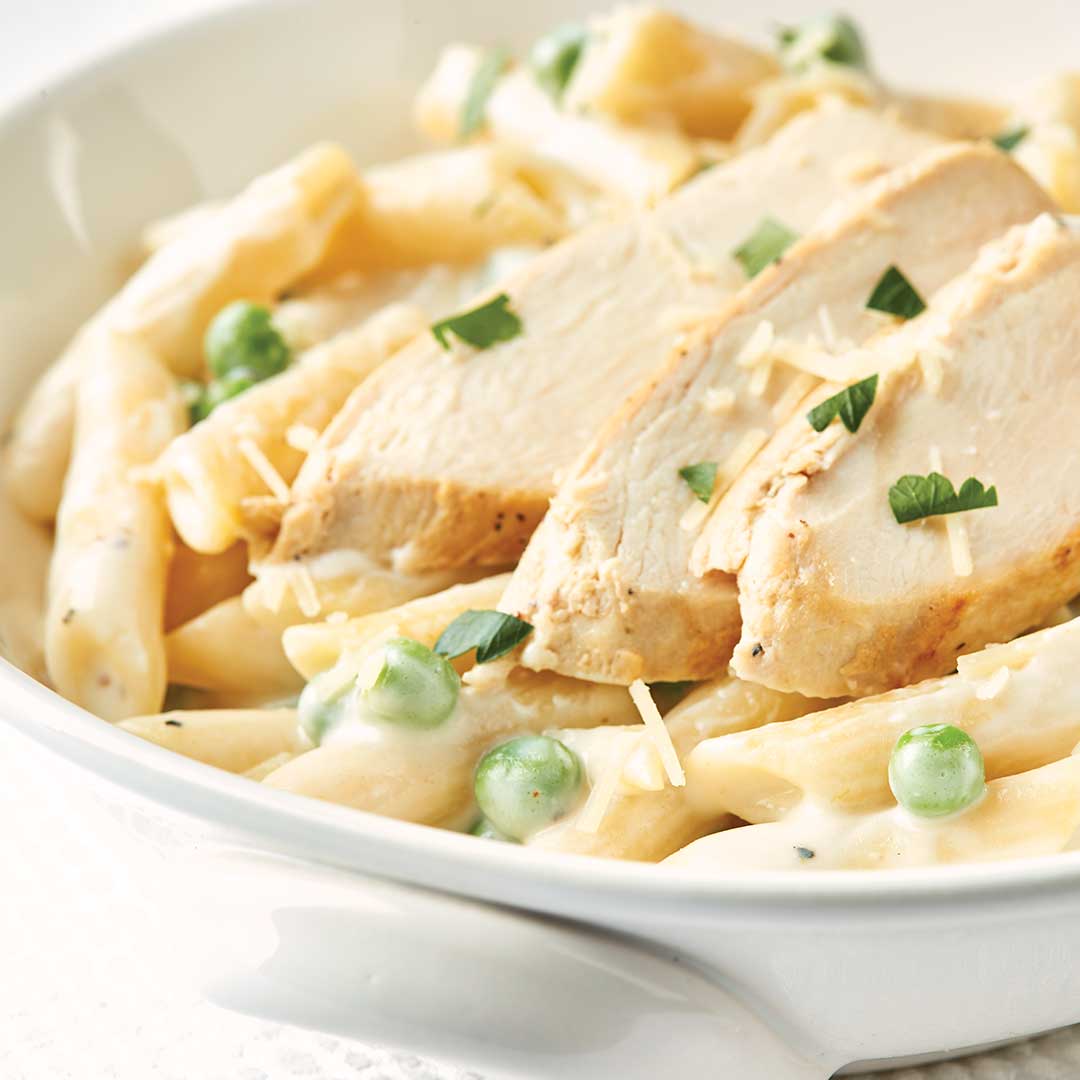Penne Alfredo with Chicken and Peas