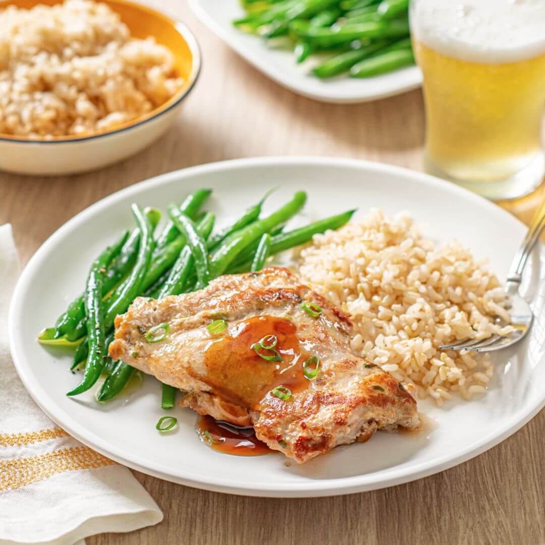o Marinated Ginger Sesame Chicken with Brown Rice & Butter Boy French Beans