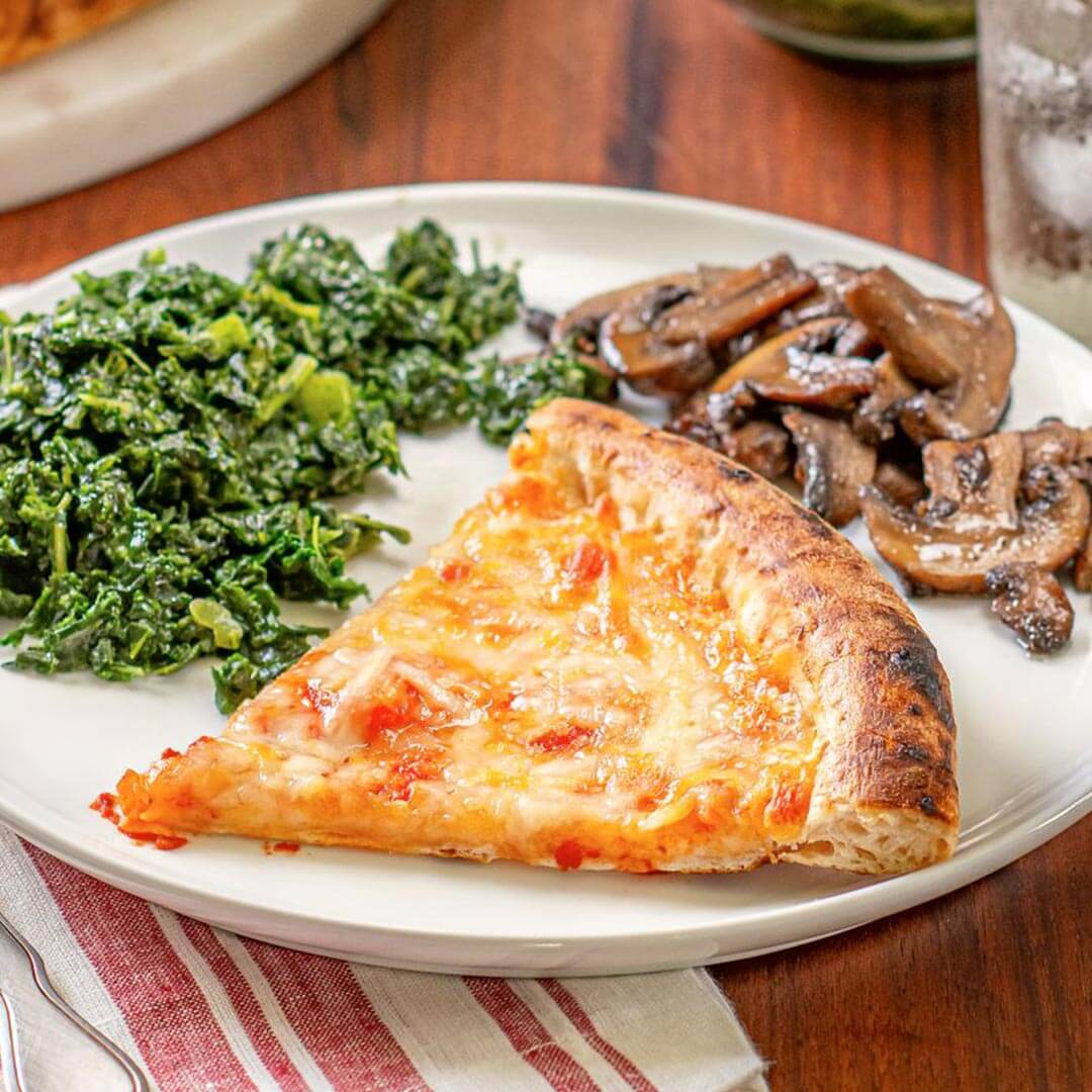 Wood-Fired Crust Cheese Pizza with Kale & Spinach and Fire-Roasted Mushrooms
