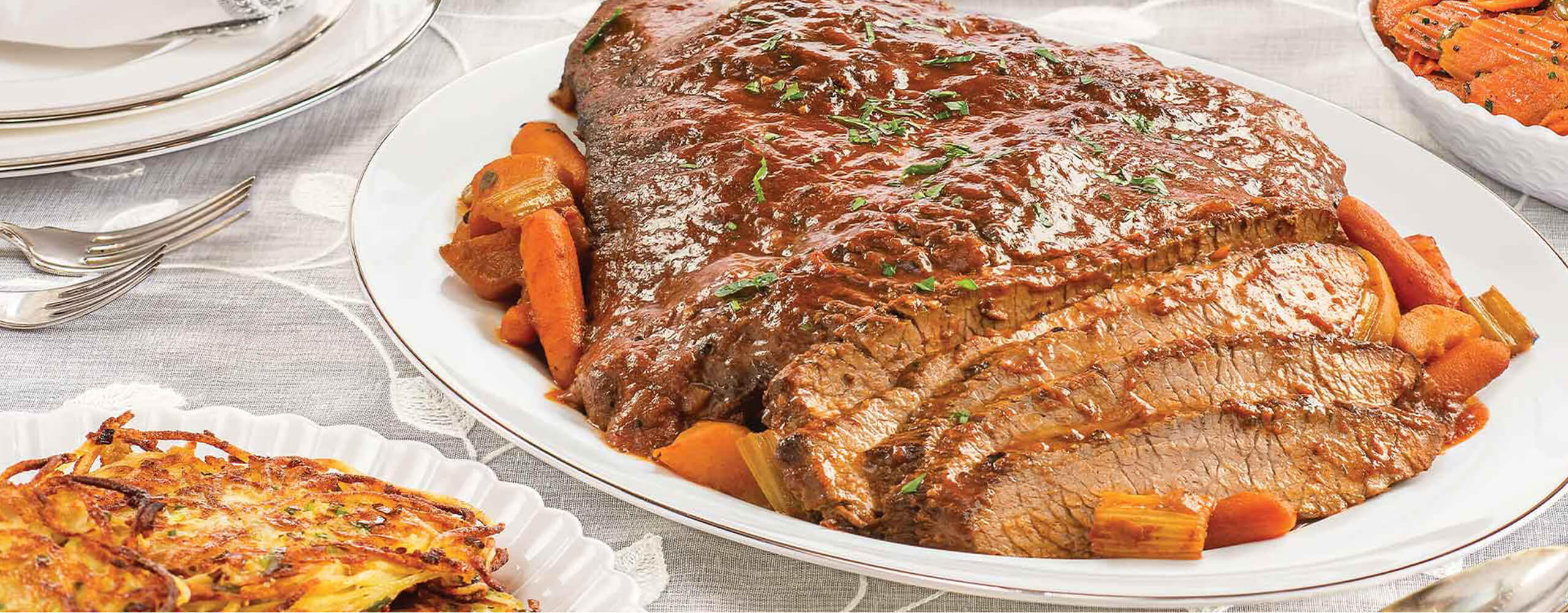 Prepare a delicious Beef Brisket Dinner for your Hanukkah celebration, complete with latkes, matzo ball soup, and more.
